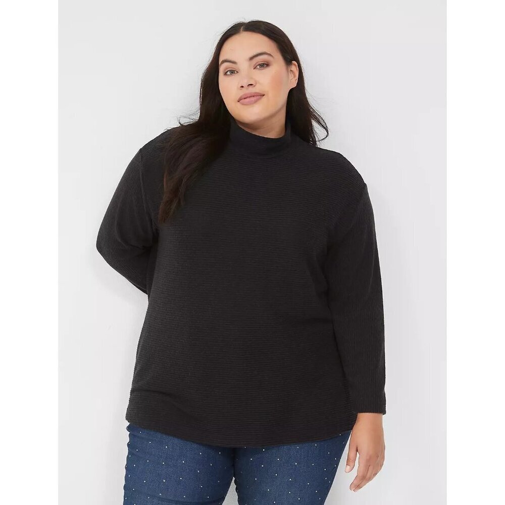 Lane Bryant Womens Plus Size 18/20 Long Sleeve Relaxed Mock-Neck Rib Top Black